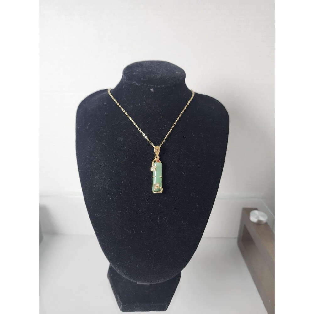Jade Bamboo Pendant Necklace Jewelry Charm Stainless Steel Natural Carved